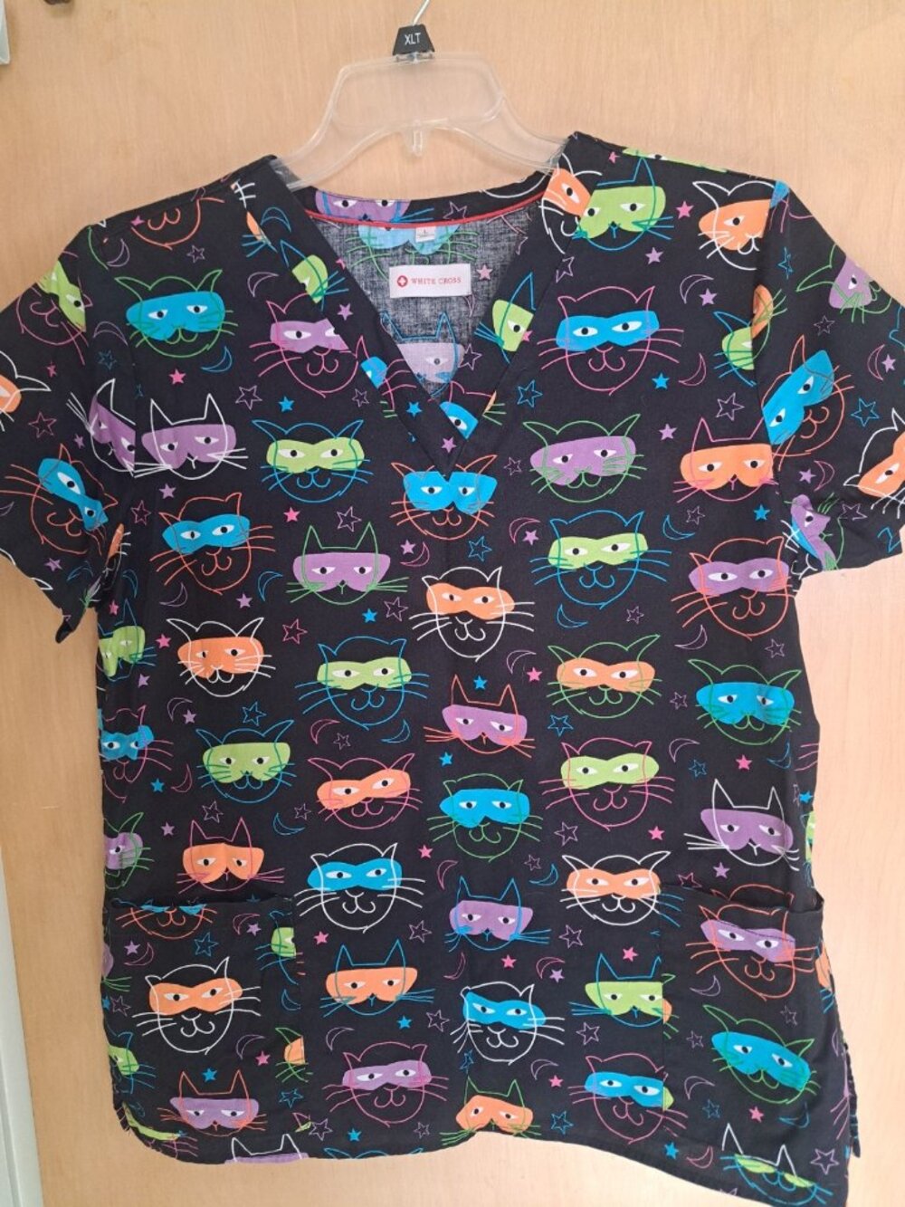White Cross Women's Scrub Top Cat Black Turquoise Purple Orange L 100% Cotton